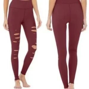 ALO Yoga High-Waist Ripped Warrior Leggings Burgundy Size XS